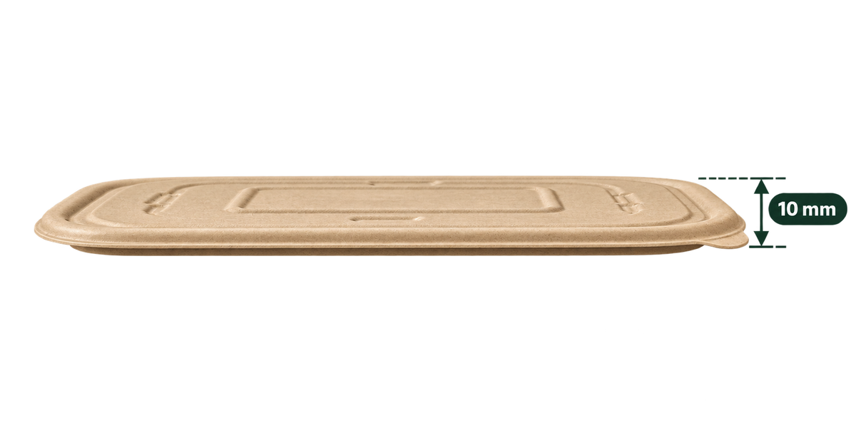Side view of brown bagasse anti leak rectangle container lid for 500 ml container, 10 mm height