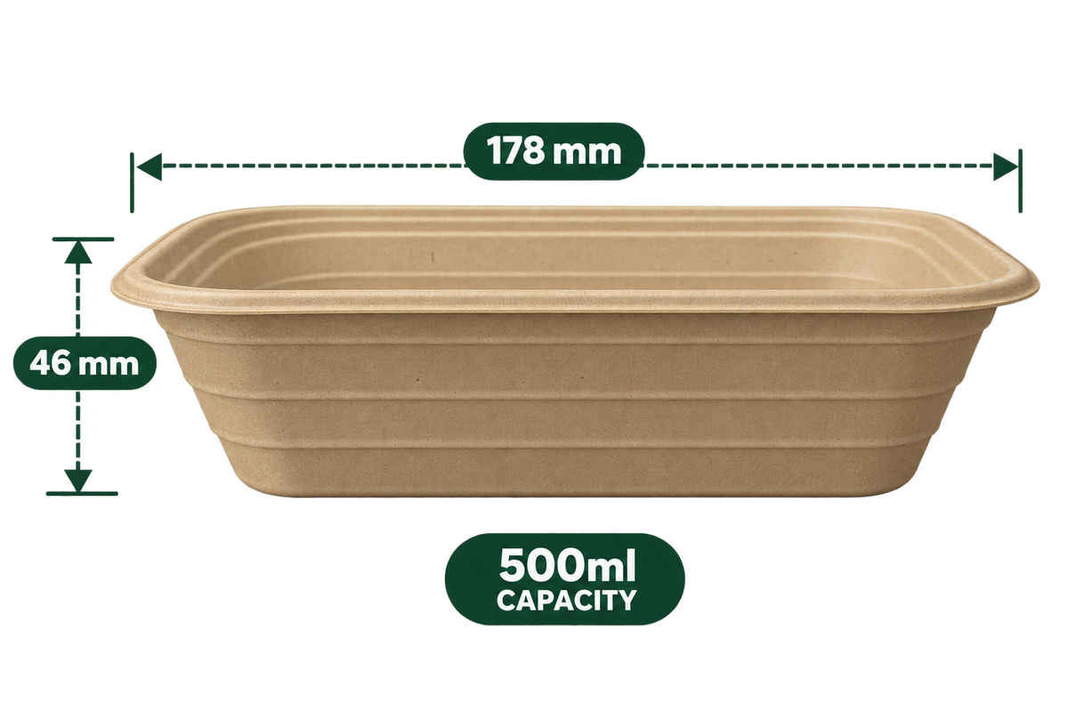 Side view of 500 ml anti leak rectangle bagasse container showing 46 mm height