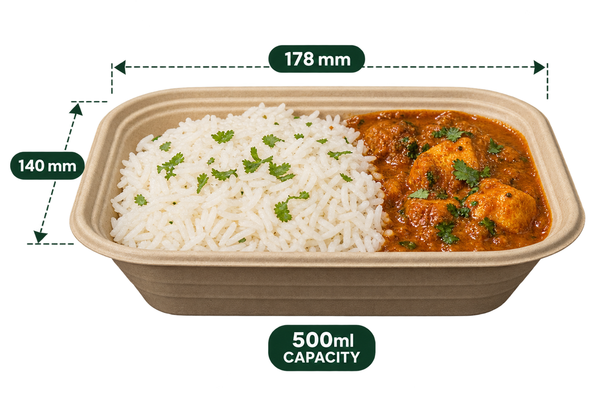 AnnServe 500 ml anti leak rectangle brown bagasse container with rice and curry, 178 mm x 140 mm