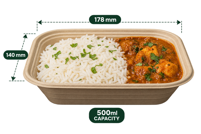AnnServe 500 ml anti leak rectangle brown bagasse container with rice and curry, 178 mm x 140 mm