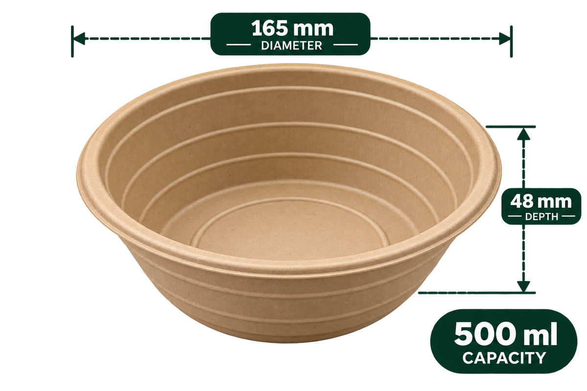 Empty 500 ml anti leak round brown bagasse container, 165 mm diameter x 48 mm depth