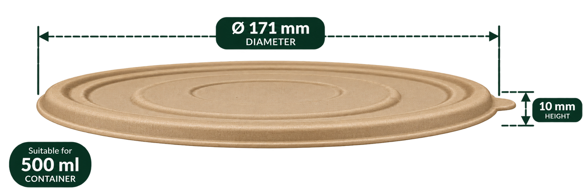 Side view of brown bagasse anti leak round container lid, 171 mm diameter, 10 mm height