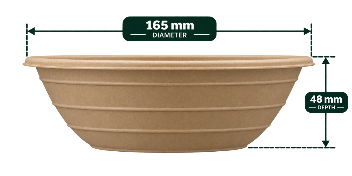 Side view of 500 ml round bagasse container showing 48 mm depth