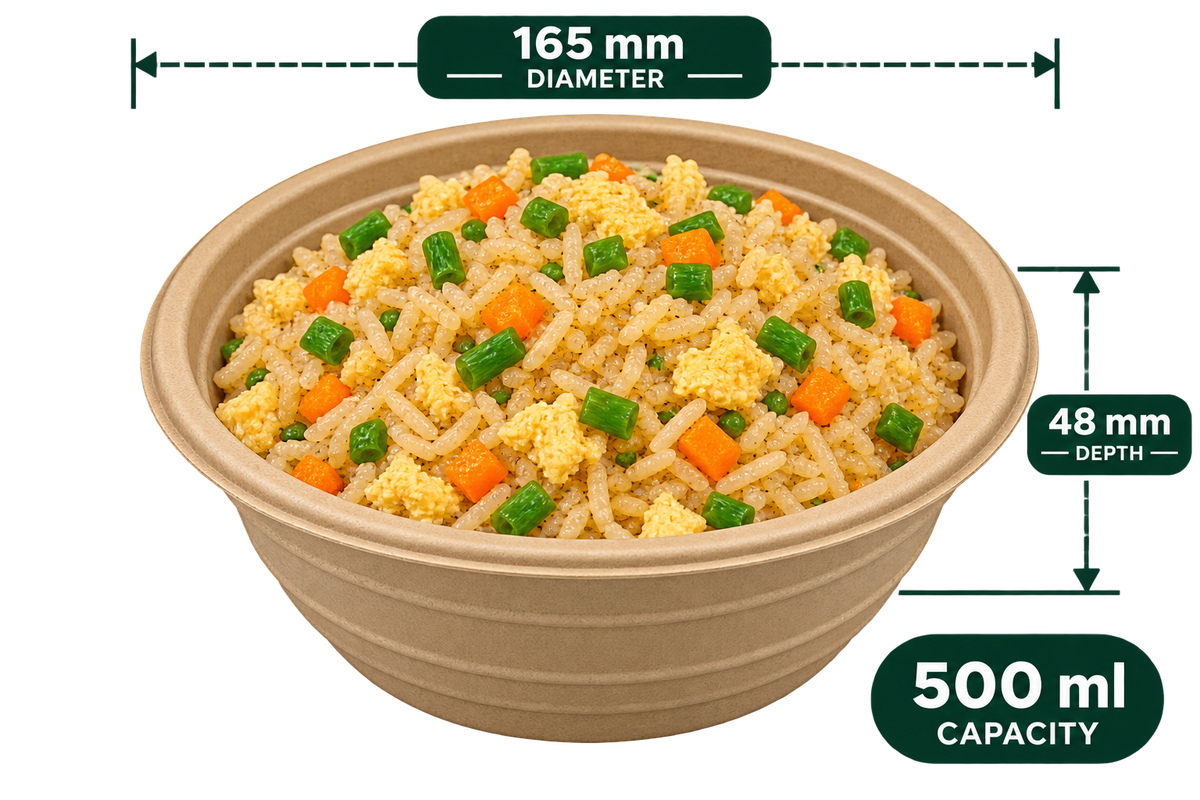 AnnServe 500 ml anti leak round brown bagasse container with fried rice, 165 mm diameter