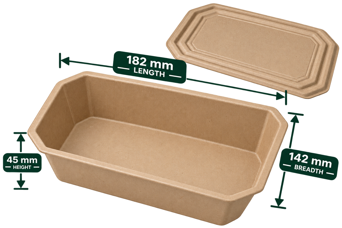 Empty 500 ml brown sugarcane bagasse container with lid, 182 mm x 142 mm