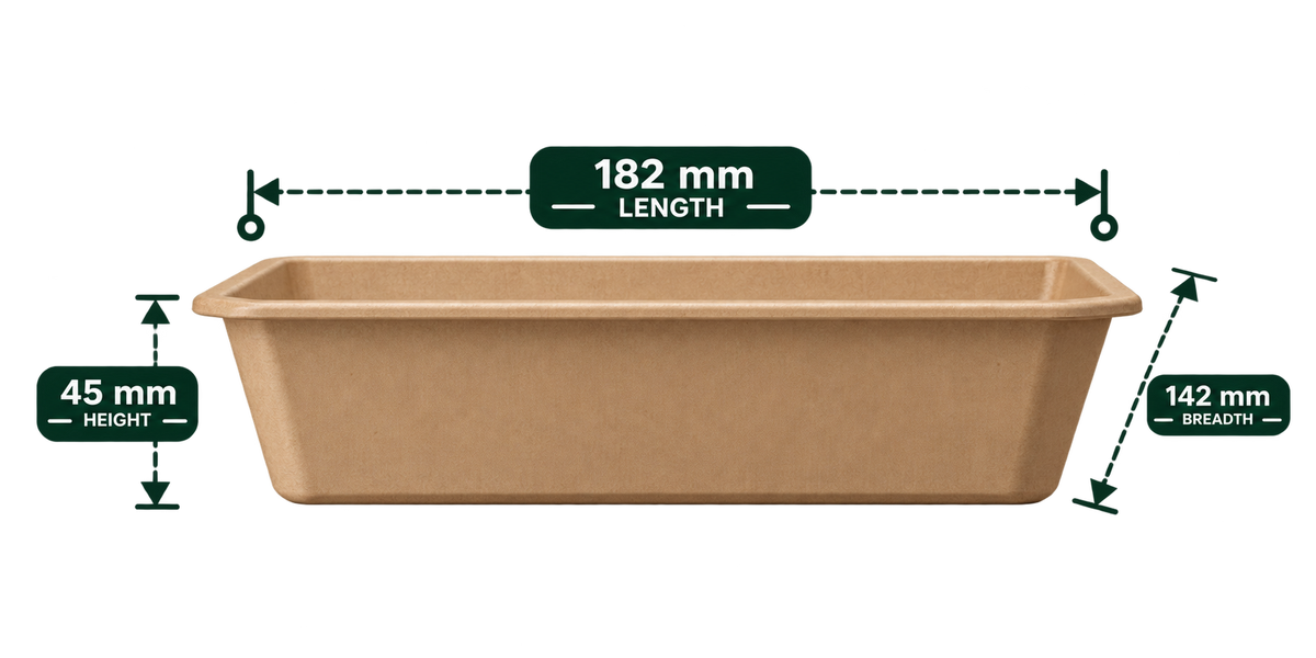 Side view of 500 ml bagasse container showing 45 mm height