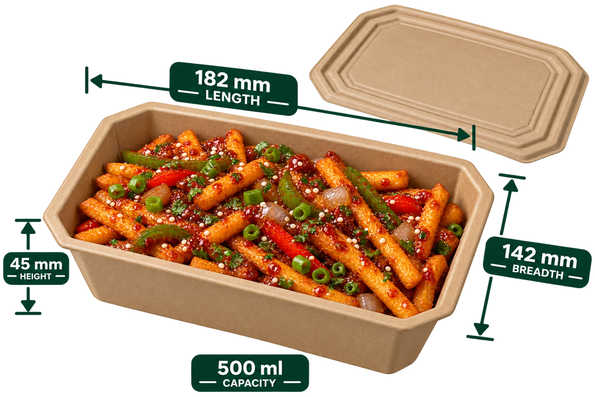 AnnServe 500 ml brown bagasse container with masala fries, 182 mm x 142 mm x 45 mm