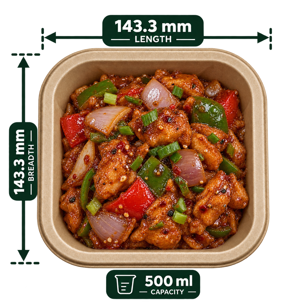 500 ml premium bagasse delivery container, shown with food (serving suggestion; food not included)