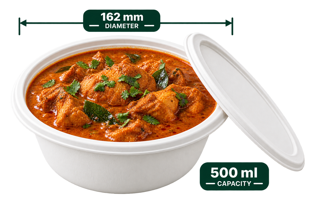 500 ml white bagasse round bowl with lid, shown with food (serving suggestion; food not included)