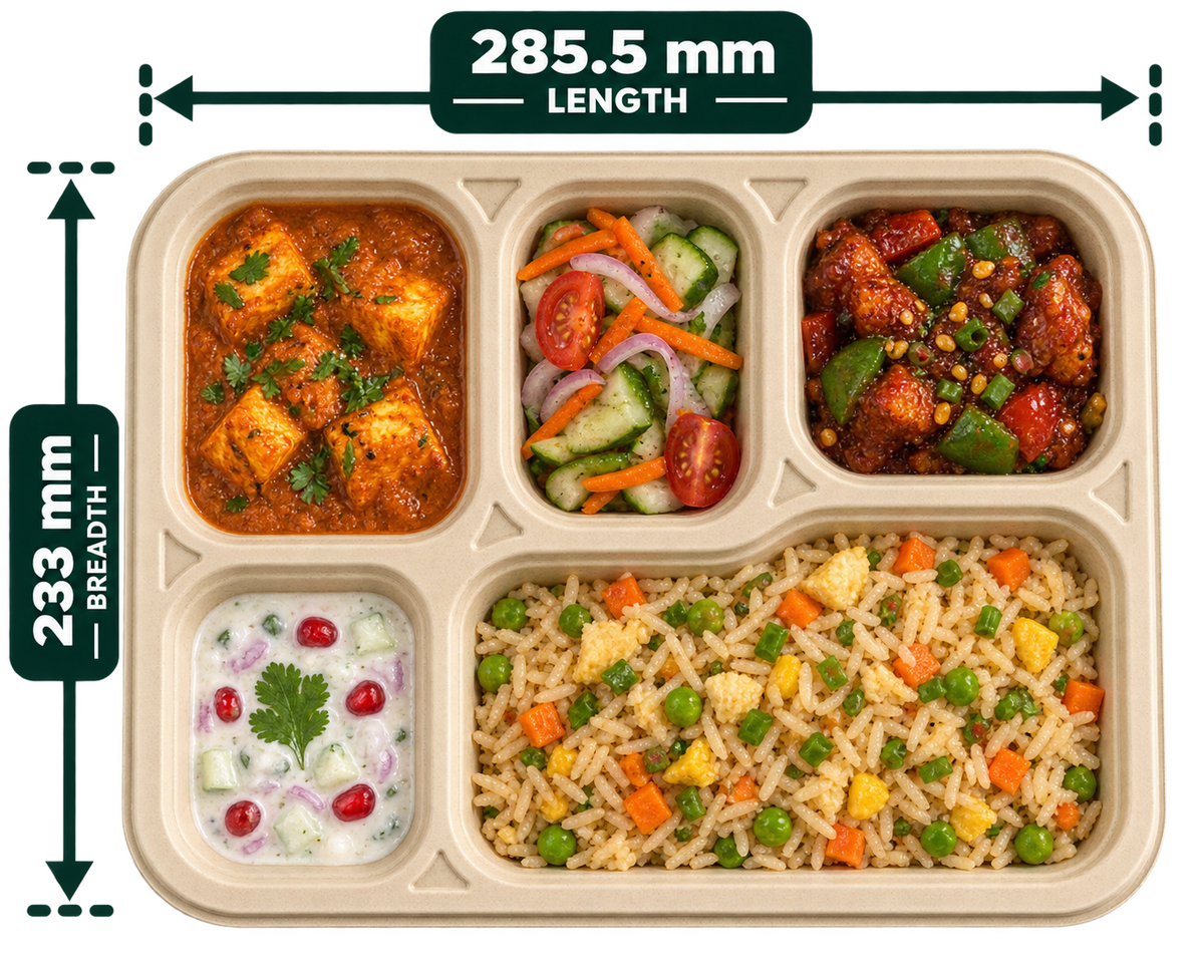 Premium bagasse meal tray 5 CP top view with five separate food compartments