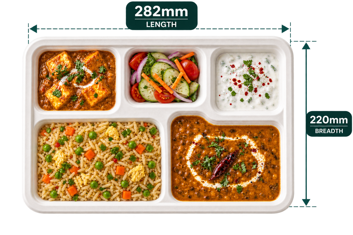 5-compartment white bagasse meal tray, shown with food (serving suggestion; food not included)
