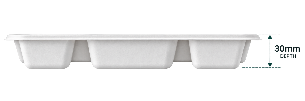 5-compartment white bagasse meal tray - side view