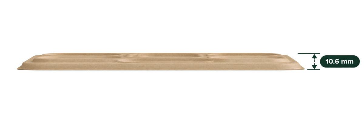 Side view of brown bagasse 5-compartment meal tray lid, 10.6 mm height