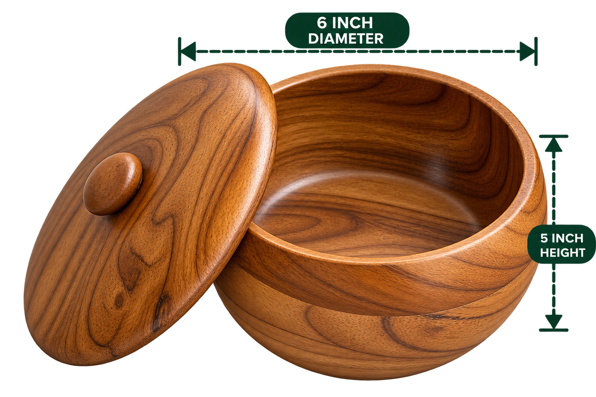 AnnServe 6 inch Roti Basket with matching wooden lid; empty view; supplied image labels 5-inch height