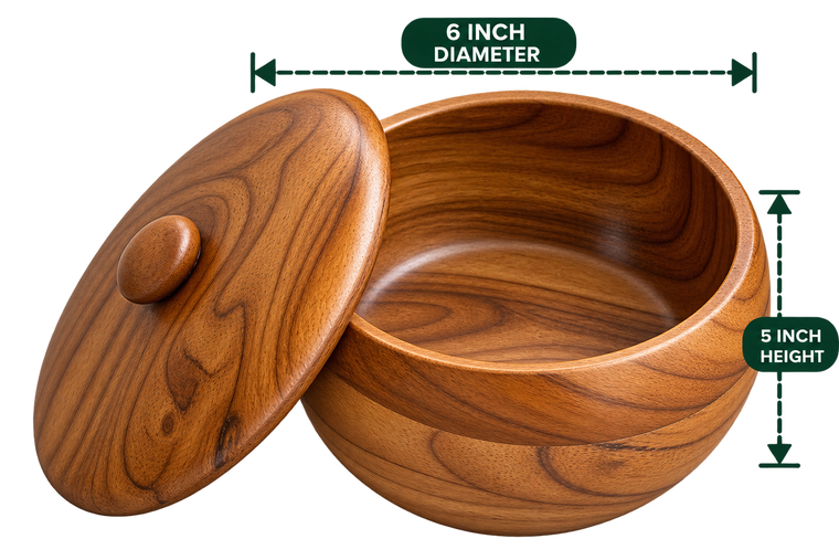 AnnServe 6 inch Roti Basket with matching wooden lid; empty view; supplied image labels 5-inch height