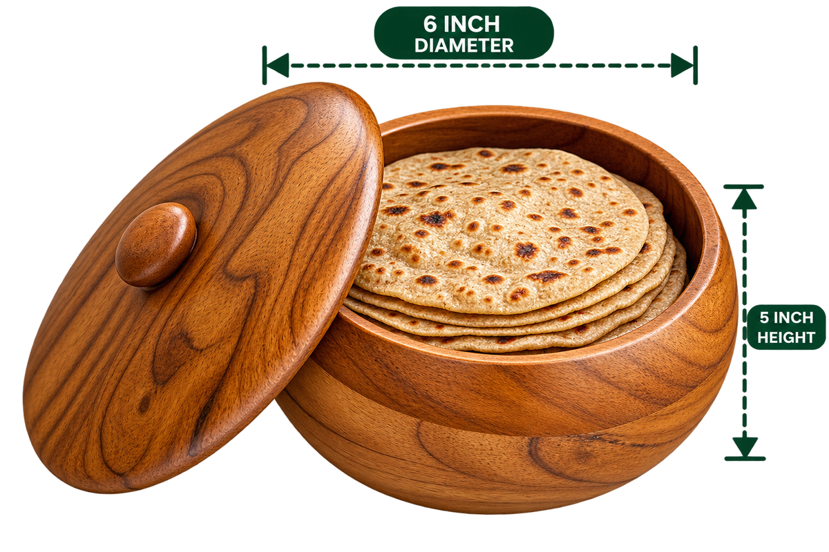 AnnServe 6 inch Roti Basket with matching wooden lid; shown with rotis for illustration, food not included; supplied image labels 5-inch height