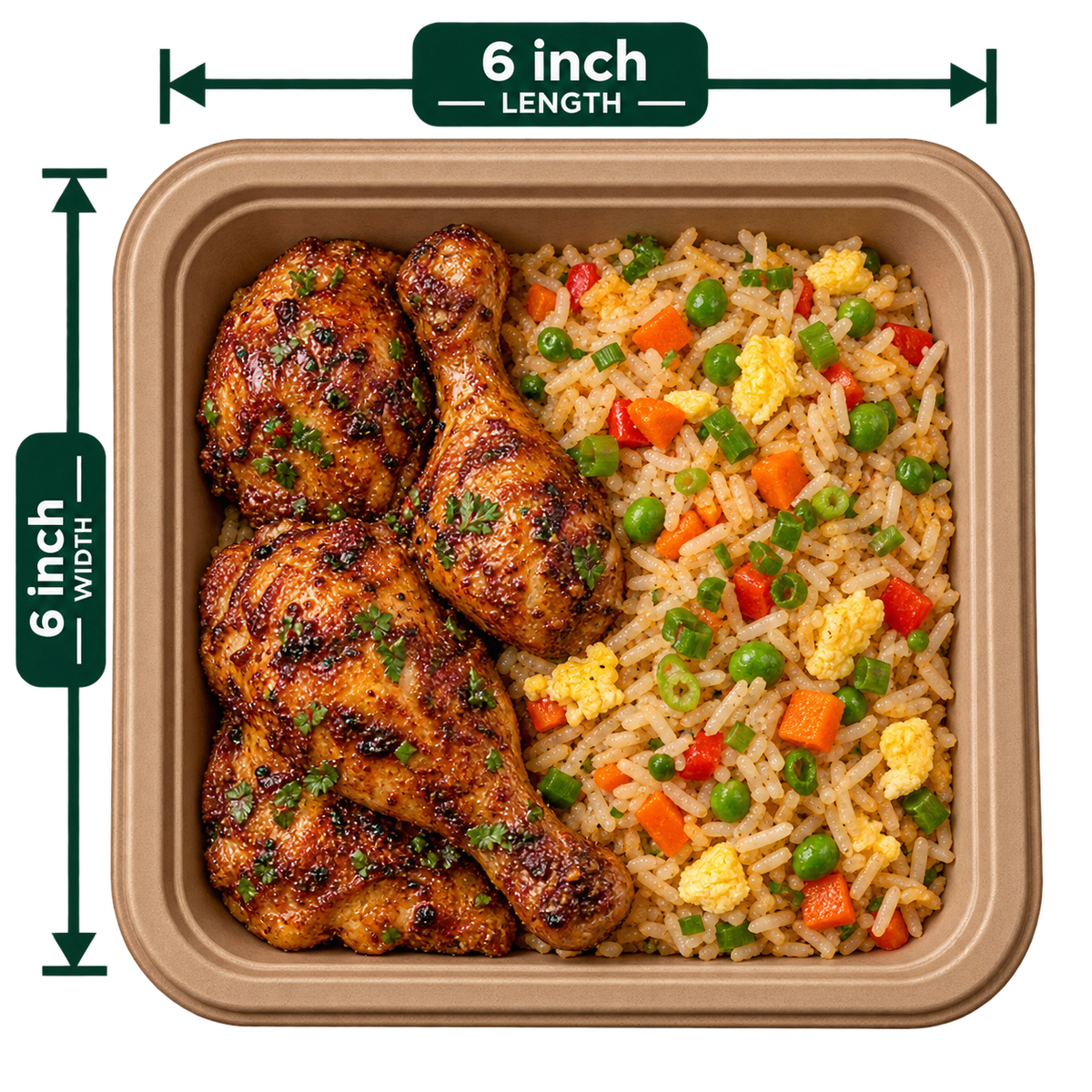 6 inch premium bagasse square plate, shown with food (serving suggestion; food not included)