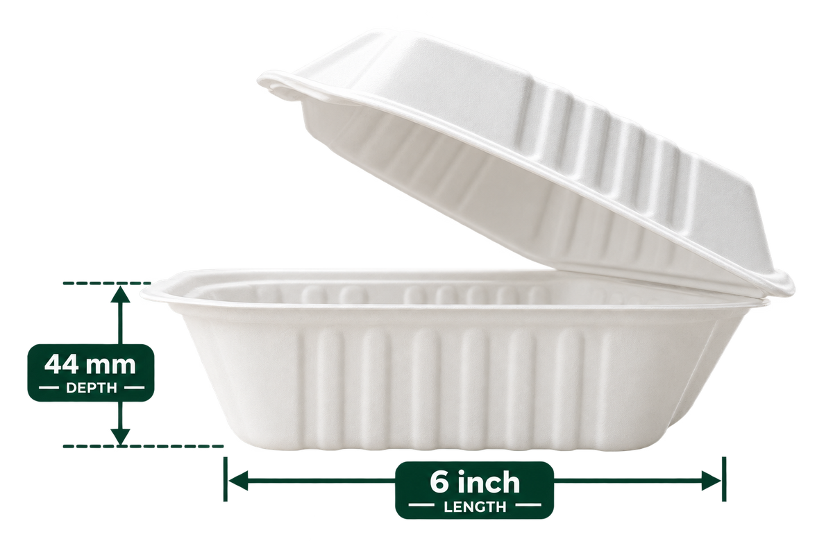 6 inch white bagasse square clamshell - side view