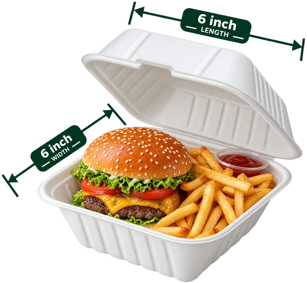 6 inch white bagasse square clamshell, shown with food (serving suggestion; food not included)