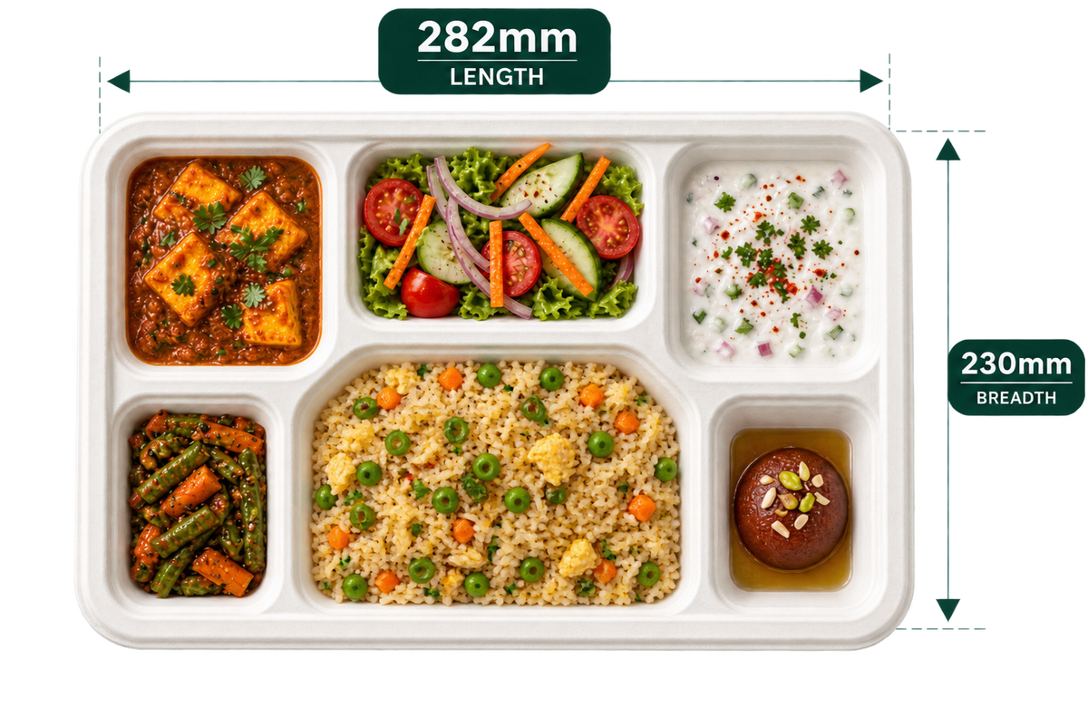 6-compartment white bagasse meal tray, shown with food (serving suggestion; food not included)