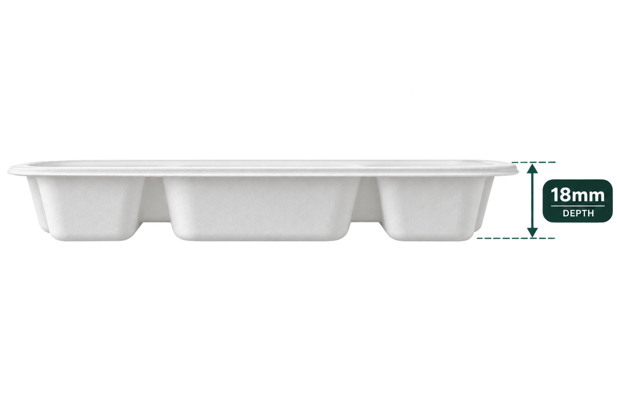 6-compartment white bagasse meal tray - side view