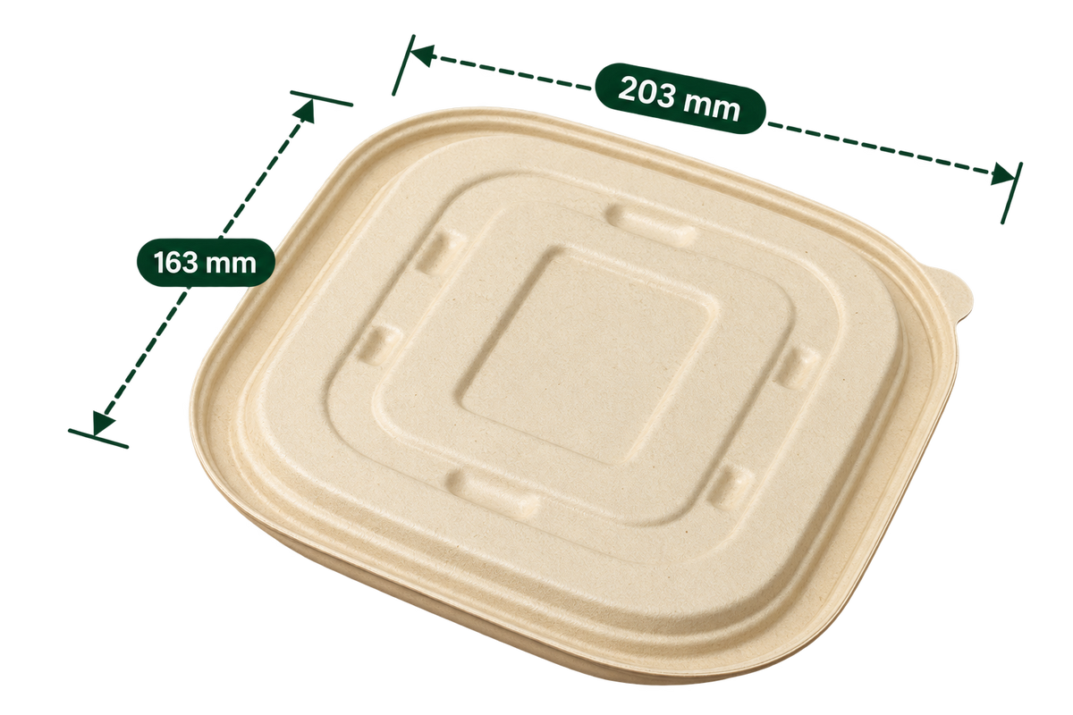 Brown bagasse anti leak rectangle container lid for 750 ml container, 203 mm x 163 mm