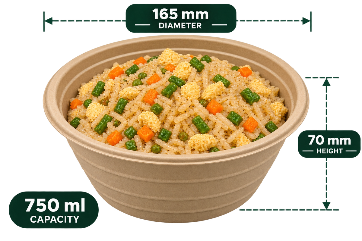 AnnServe 750 ml anti leak round brown bagasse container with fried rice, 165 mm diameter x 70 mm height