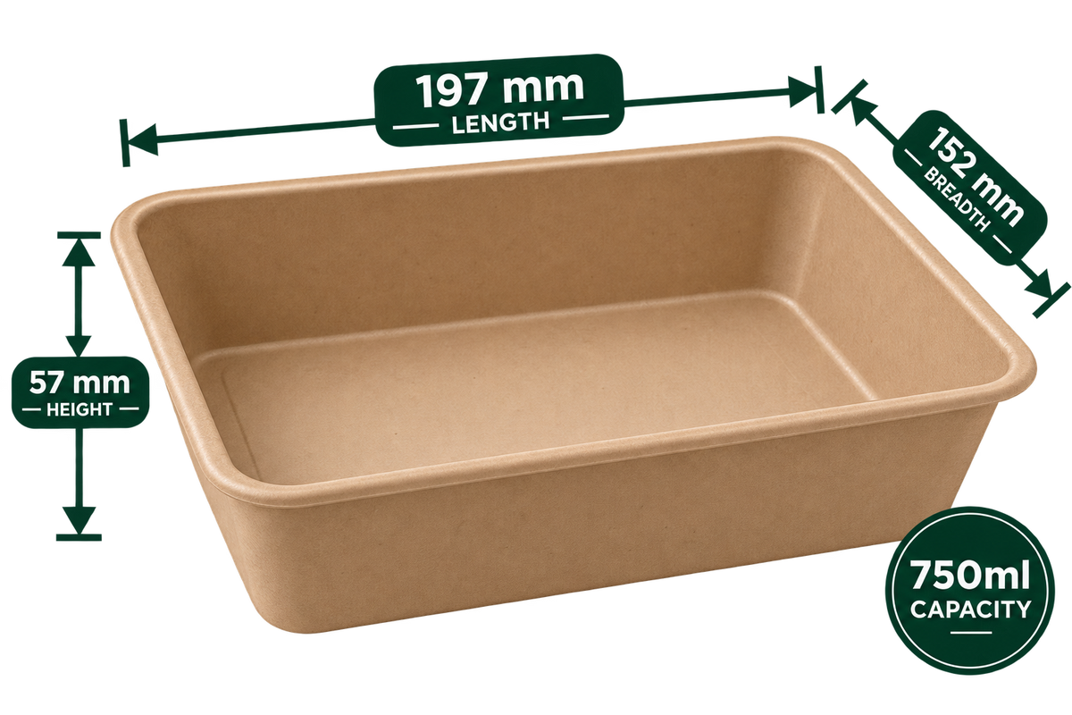 Empty 750 ml brown sugarcane bagasse container, 197 mm x 152 mm