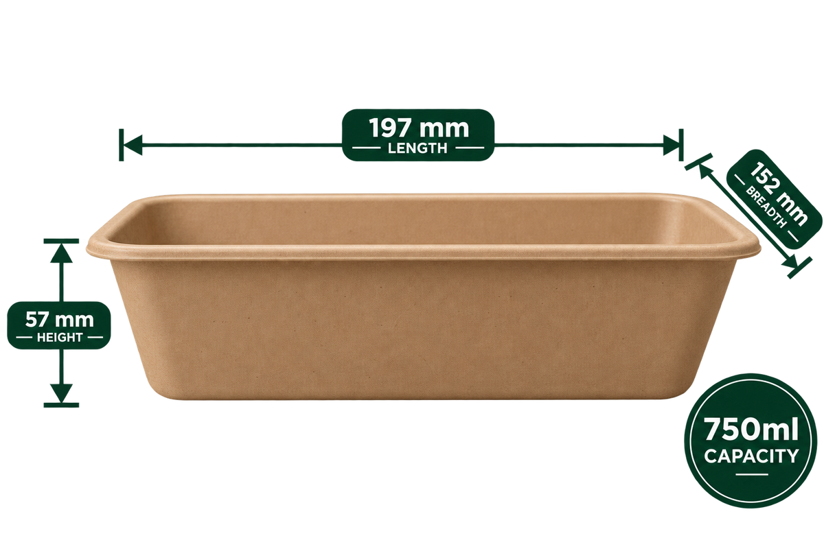 Side view of 750 ml bagasse container showing 57 mm height