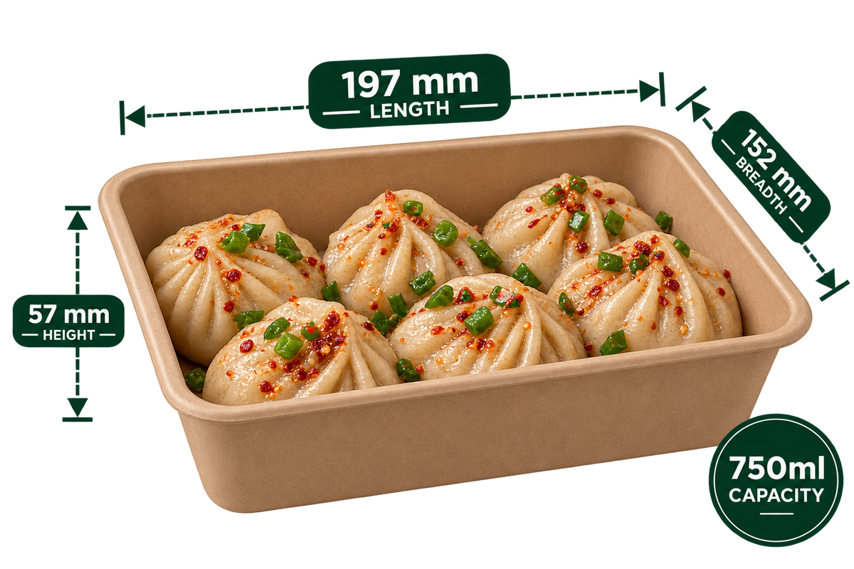 AnnServe 750 ml brown bagasse container with momos, 197 mm x 152 mm x 57 mm