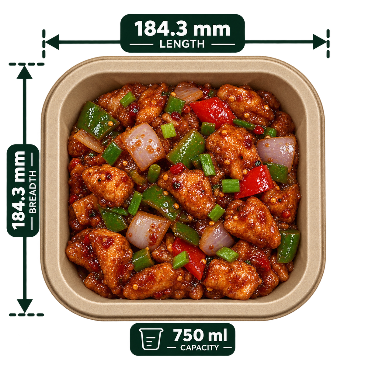 750 ml premium bagasse delivery container, shown with food (serving suggestion; food not included)