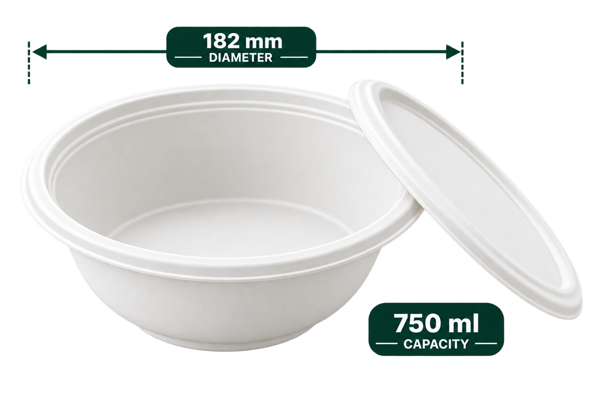750 ml white bagasse round bowl with lid - top view