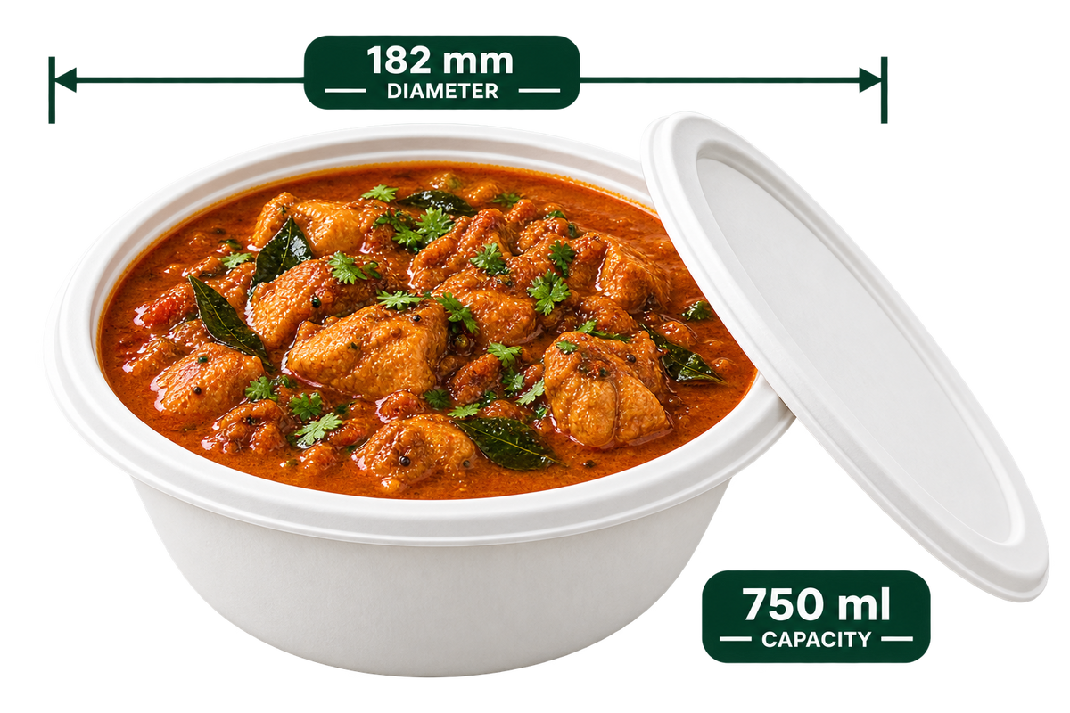 750 ml white bagasse round bowl with lid, shown with food (serving suggestion; food not included)