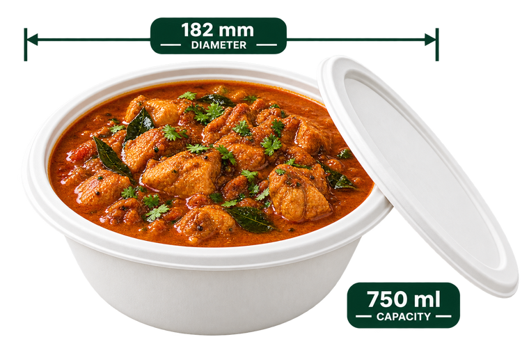 750 ml white bagasse round bowl with lid, shown with food (serving suggestion; food not included)