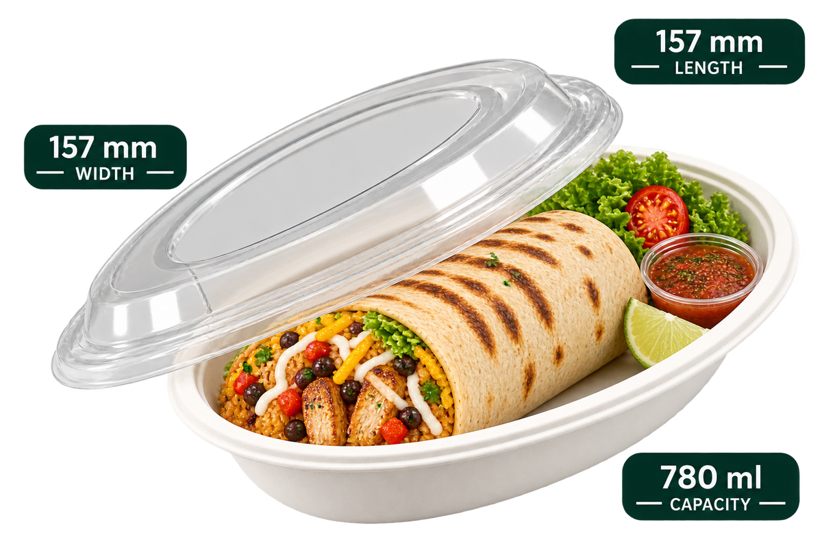 780 ml white bagasse burrito oval bowl with lid, shown with food (serving suggestion; food not included)