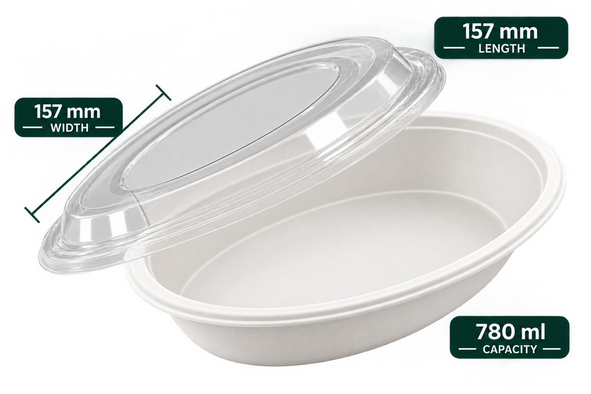 780 ml white bagasse burrito oval bowl with lid - top view