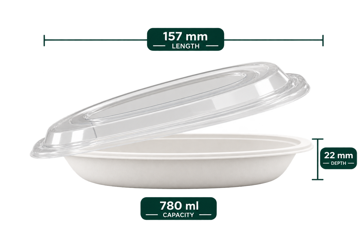 780 ml white bagasse burrito oval bowl with lid - side view