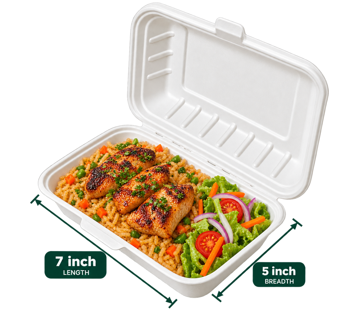 7 x 5 inch white bagasse rectangular clamshell, shown with food (serving suggestion; food not included)