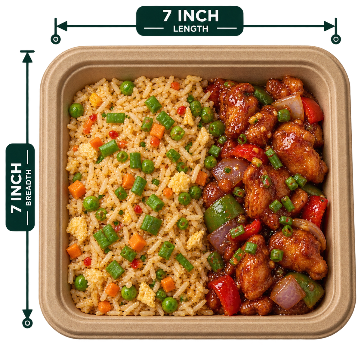7 inch premium bagasse square plate, shown with food (serving suggestion; food not included)