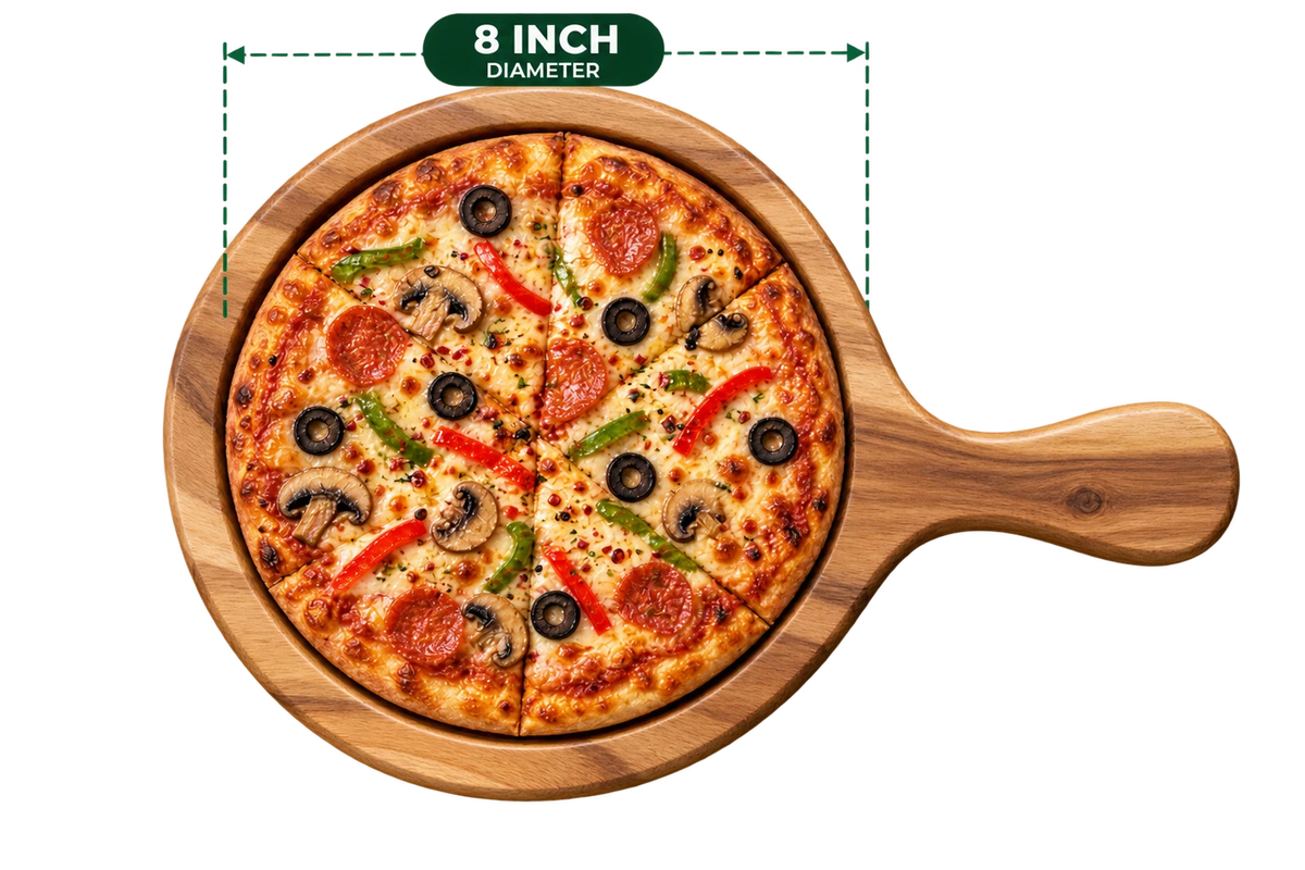 AnnServe Acacia Pizza Bat 8 Inch diameter serving presentation with pizza; food not included; one wooden board only, no iron plate included