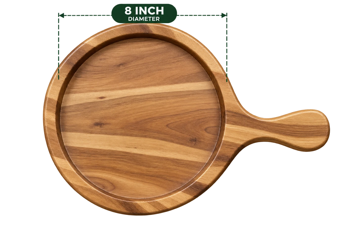 AnnServe Acacia Pizza Bat 8 Inch diameter empty wooden serving board with integrated handle; one wooden board only, no iron plate included