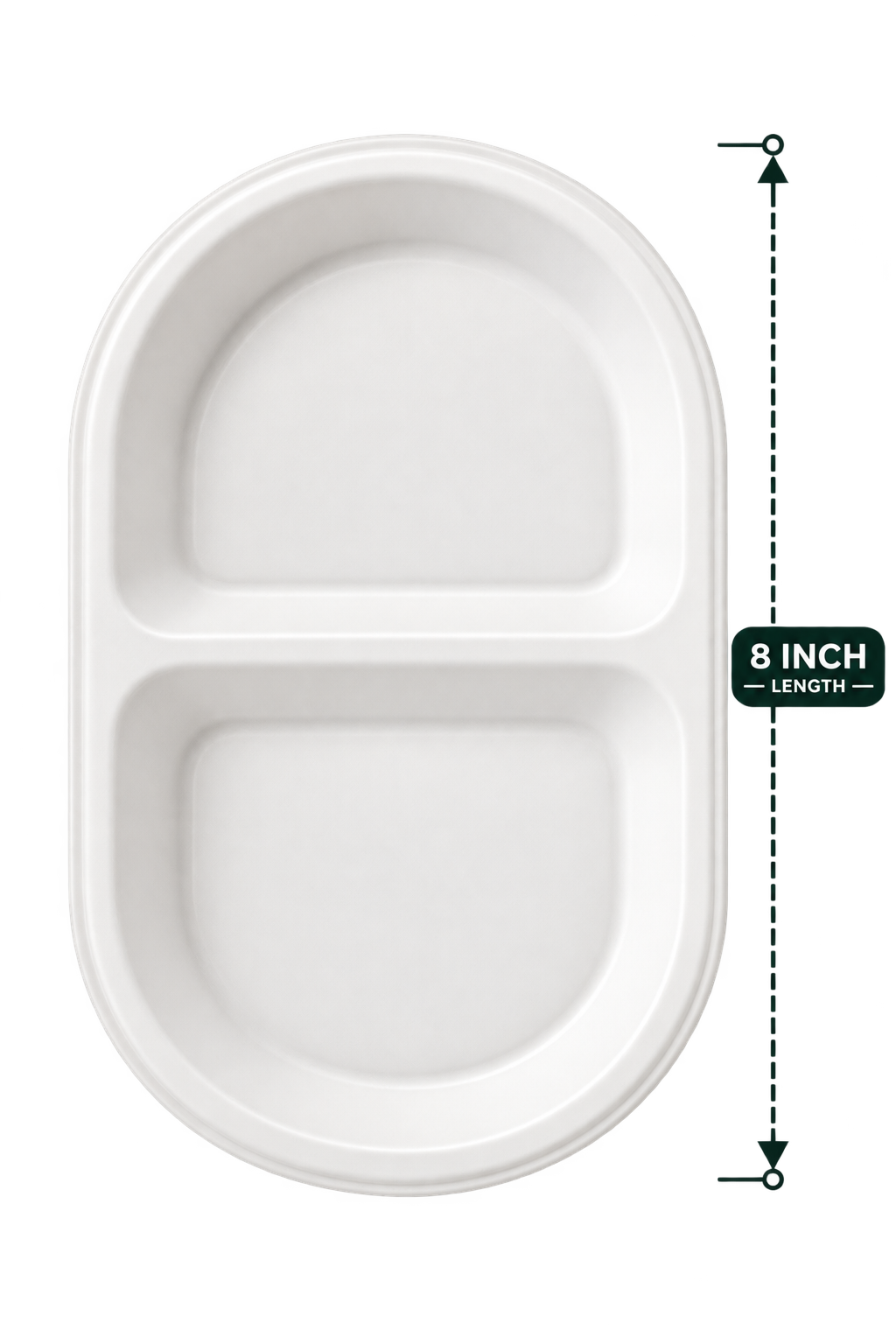 8 inch white bagasse 2-compartment oval snack plate - top view