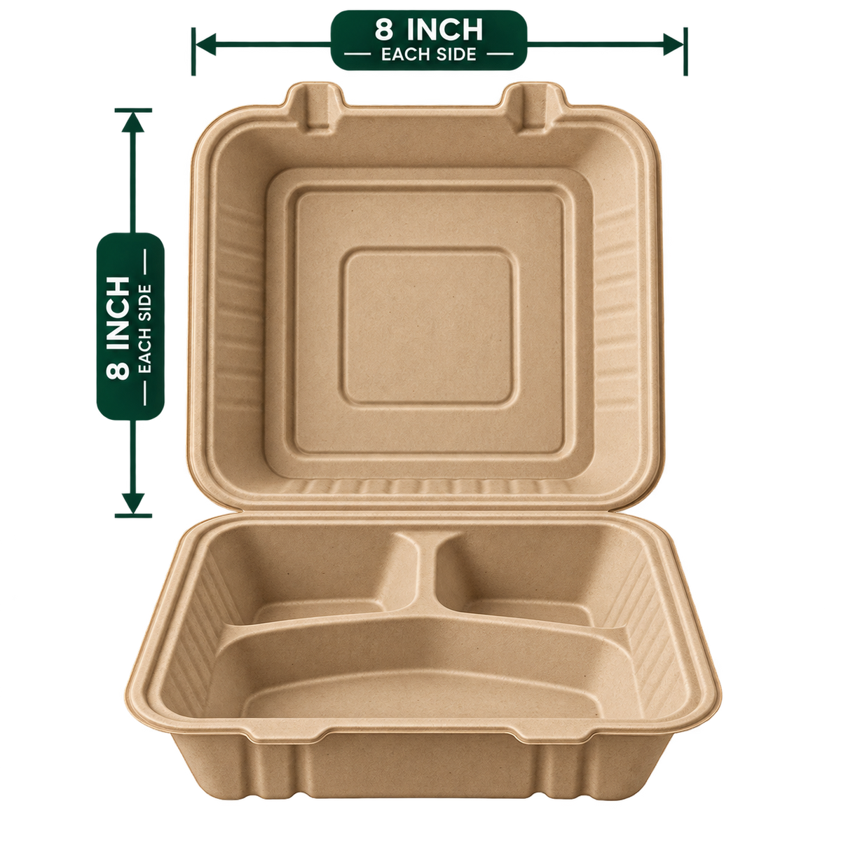 8 inch premium bagasse 3-compartment clamshell - top view