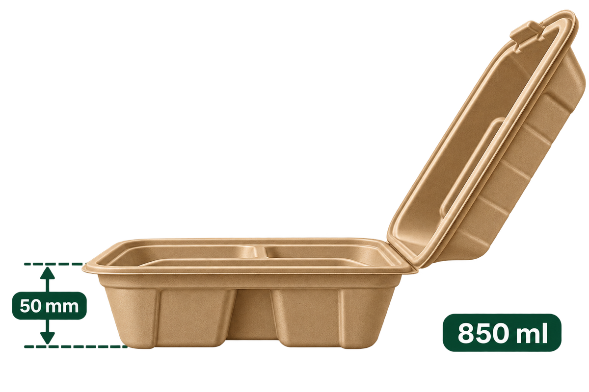 8 inch premium bagasse 3-compartment clamshell - side view