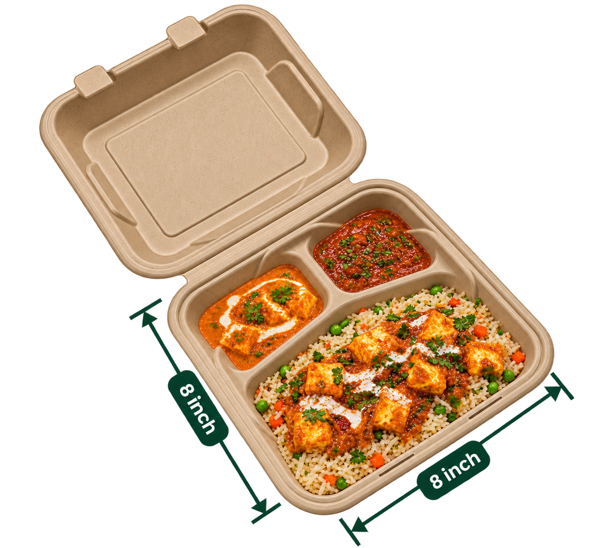 8 inch premium bagasse 3-compartment clamshell, shown with food (serving suggestion; food not included)