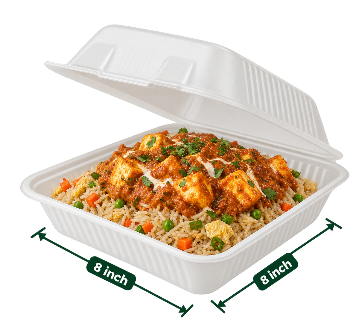 8 inch white bagasse square clamshell, shown with food (serving suggestion; food not included)