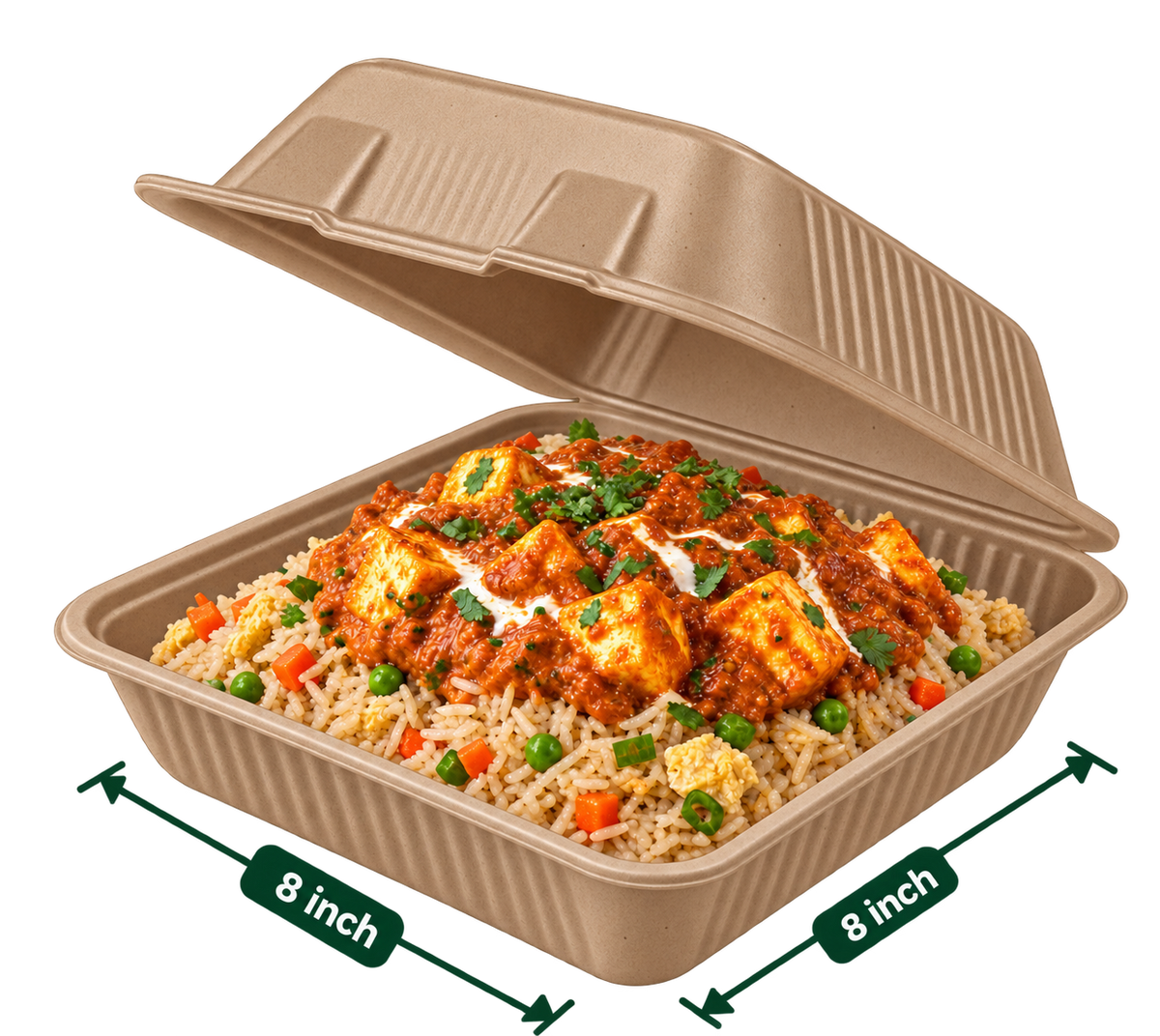 8 inch premium bagasse square clamshell, shown with food (serving suggestion; food not included)