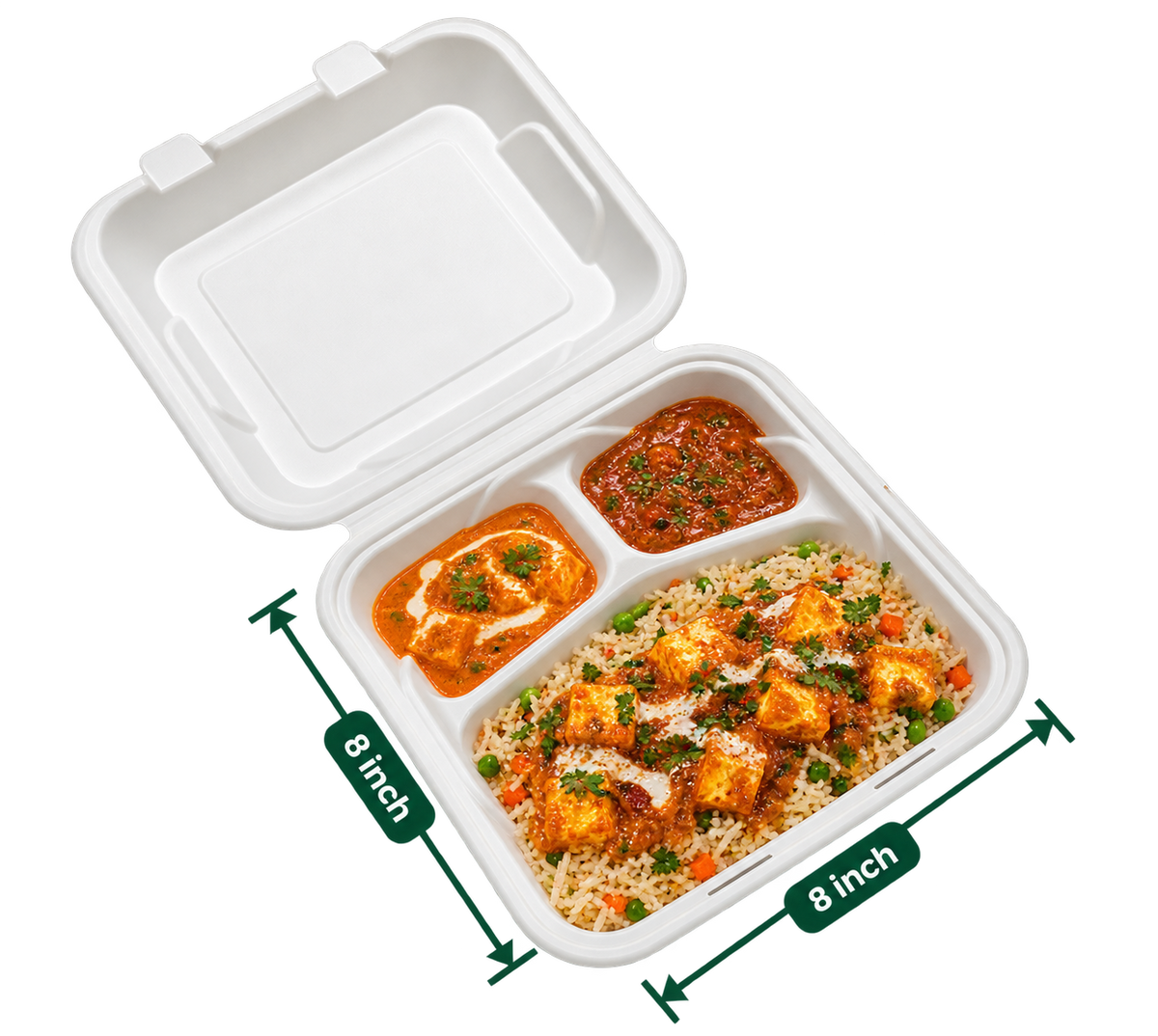 8 inch white bagasse 3-compartment clamshell, shown with food (serving suggestion; food not included)