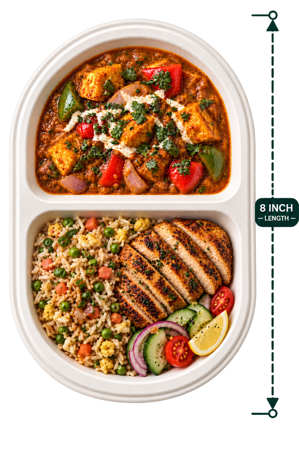 8 inch white bagasse 2-compartment oval snack plate, shown with food (serving suggestion; food not included)