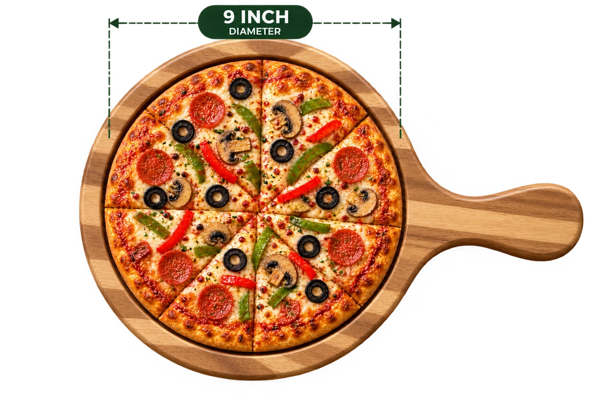 AnnServe Acacia Pizza Bat 9 Inch diameter serving presentation with pizza; food not included; one wooden board only, no iron plate included